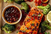 Sheet Pan Salmon and Broccoli with Harissa Honey Butter Drizzle