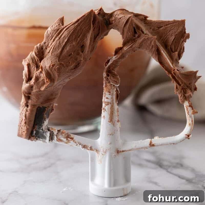 One-Bowl Chocolate Buttercream Frosting Ready in 15 Minutes 7 chocolate buttercream on a stand mixer paddle attachment