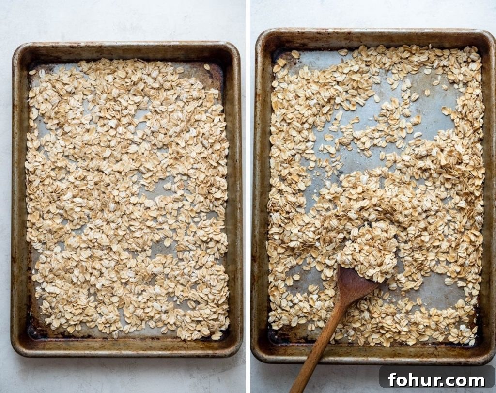 Authentic Swiss Bircher Muesli Recipe 2 Toasting the oatmeal on a sheet pan.