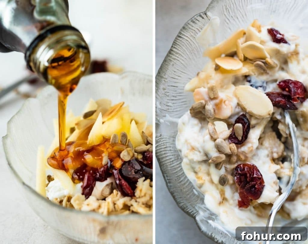 Authentic Swiss Bircher Muesli Recipe 6 pouring maple syrup over the swiss oatmeal and stirring to combine.