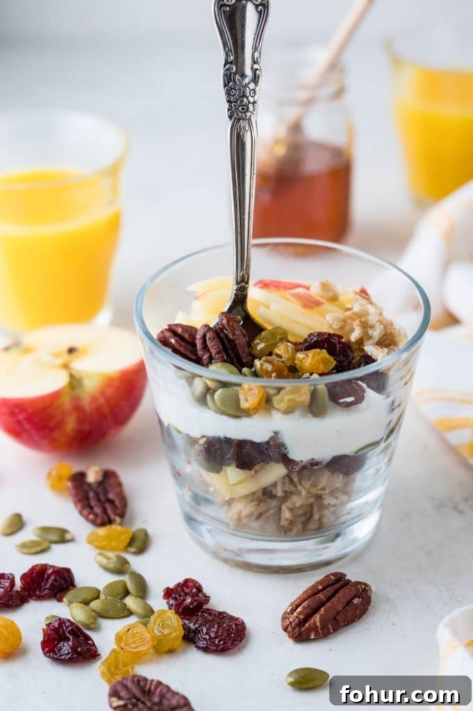 Authentic Swiss Bircher Muesli Recipe 8 Harvest muesli is made with apple, dried cherries, golden raisins, pumpkin seeds, pecans and honey.