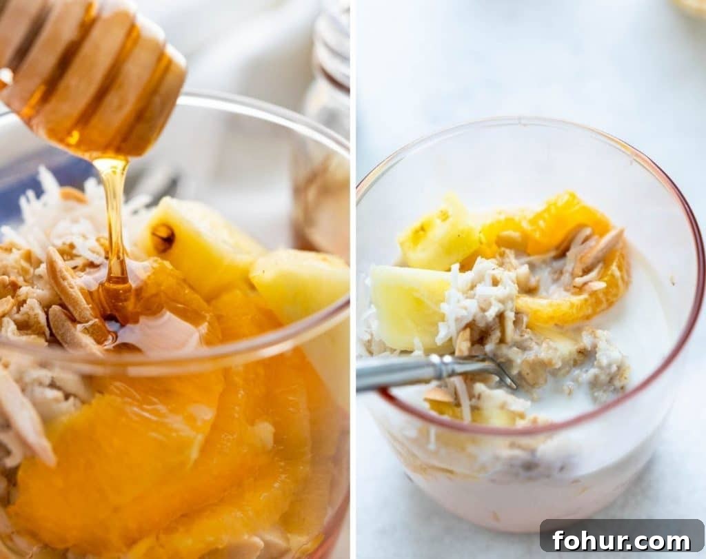 Authentic Swiss Bircher Muesli Recipe 9 Citrusy Muesli has fresh pineapple and orange segments with flaked coconut and toasted almonds.