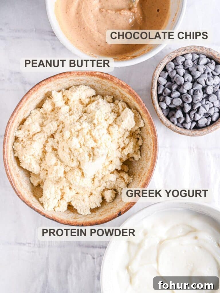 No-Bake Edible Protein Cookie Dough Recipe 2 Ingredients for high protein cookie dough from the top - protein powder, Greek yogurt, peanut butter and chocolate chips.