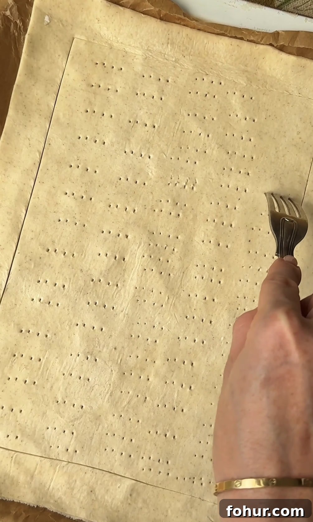 Pricking puff pastry with fork.