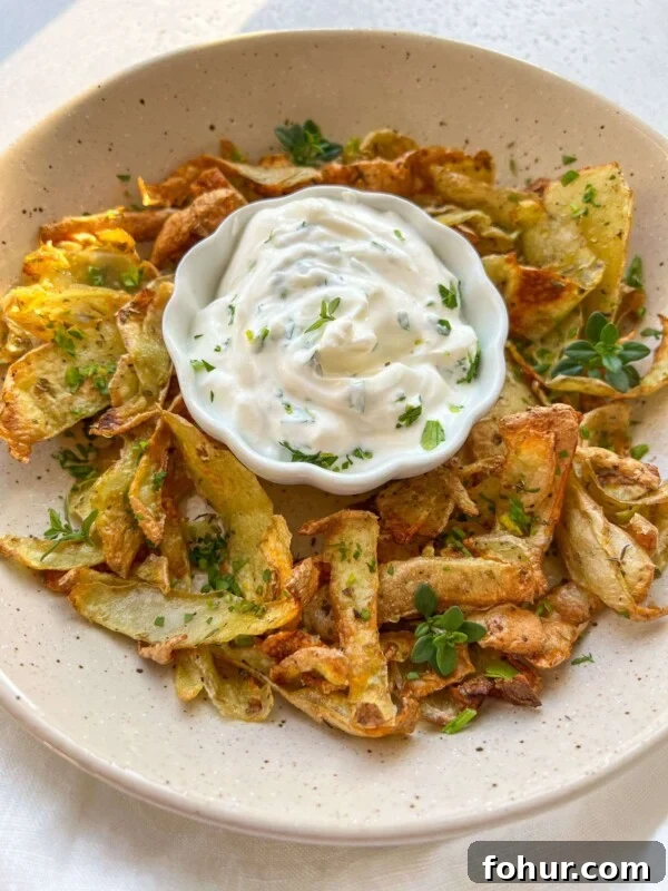 Plate of crispy potato skins with dipping sauce