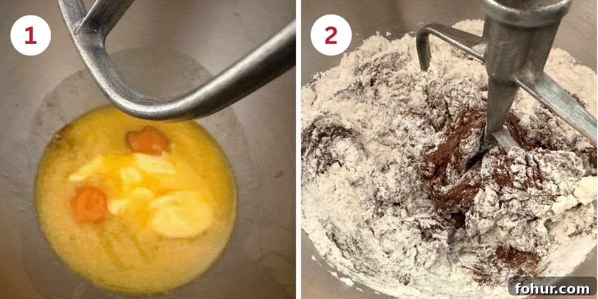 Fudgy Gluten-Free Chocolate Walnut Cookie Bars 2 Photos of the wet ingredients in a stand mixer and then adding the dry ingredients.
