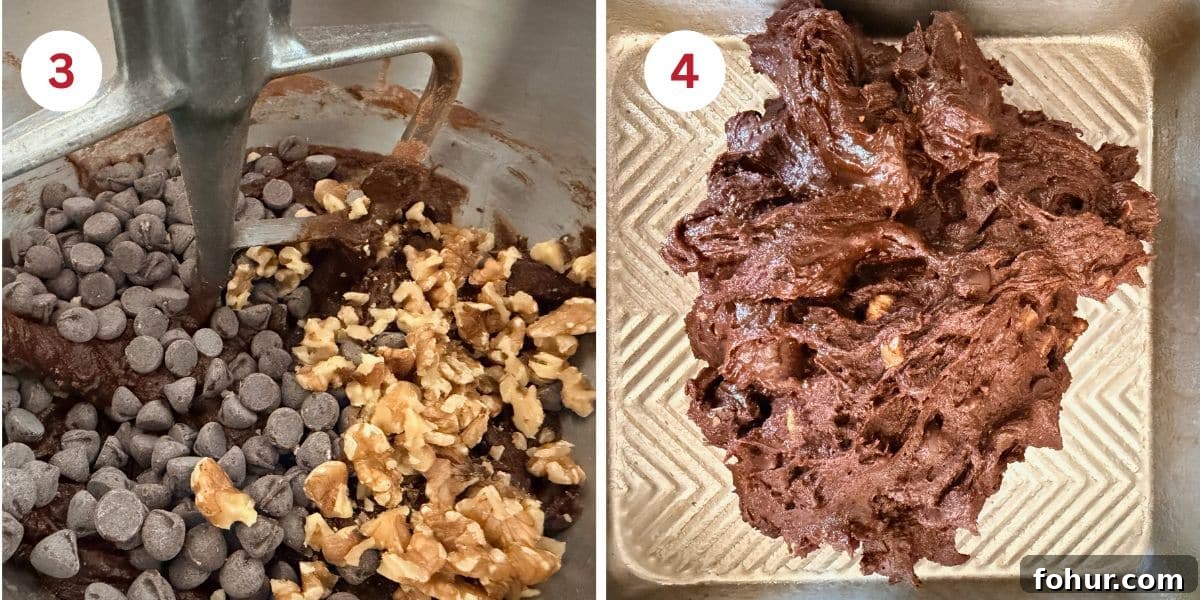 Fudgy Gluten-Free Chocolate Walnut Cookie Bars 3 Photos of adding the chips and walnuts and of the finished cookie dough.
