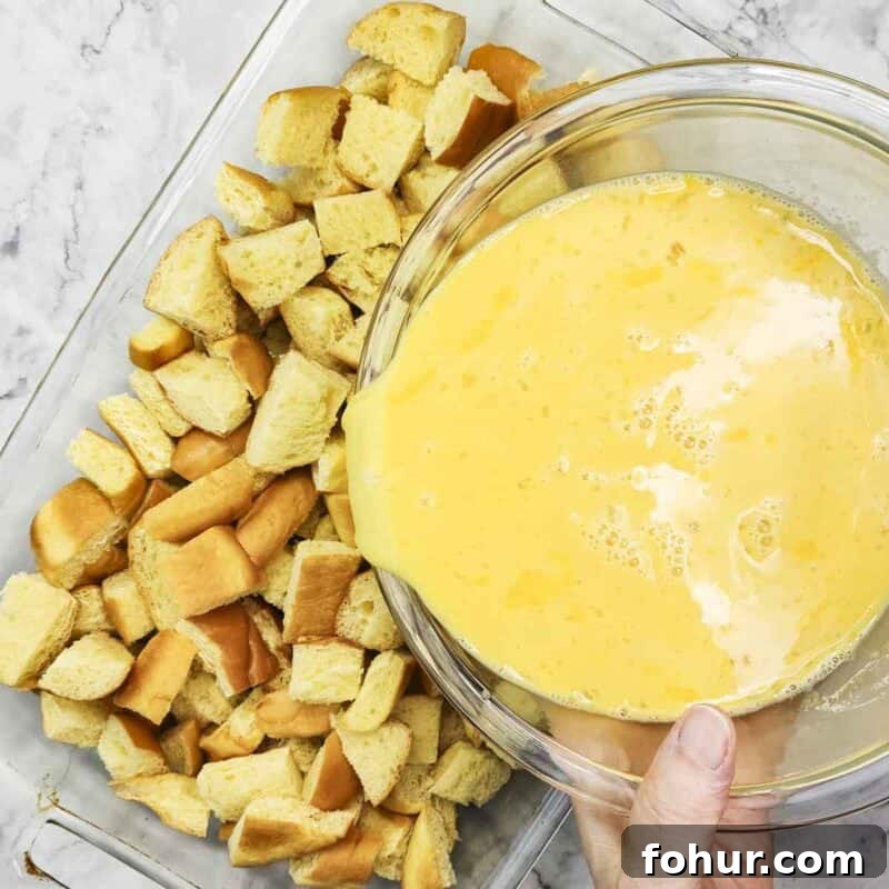 Brioche Baked French Toast with Butterscotch Sauce 5 Distribute the brioche pieces evenly in a baking dish and pour the egg mixture over them.