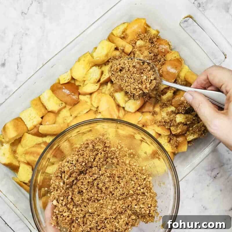 Brioche Baked French Toast with Butterscotch Sauce 7 Evenly sprinkle the graham cracker mixture over the casserole.