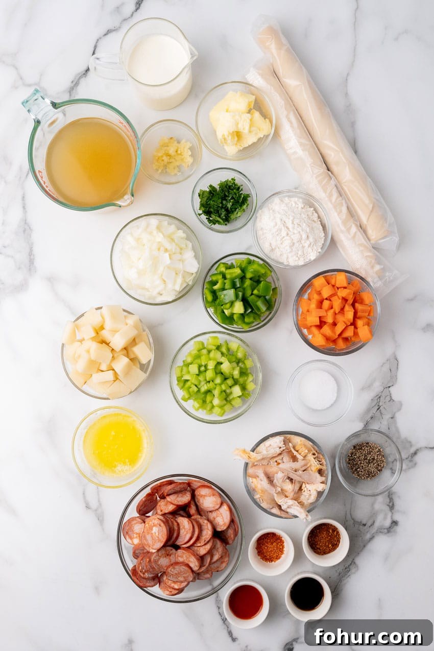 Smoked Sausage and Chicken Pot Pie Recipe with Flaky Crust 3 an overhead image showing the measured ingredients needed to make a smoked sausage and chicken pot pie