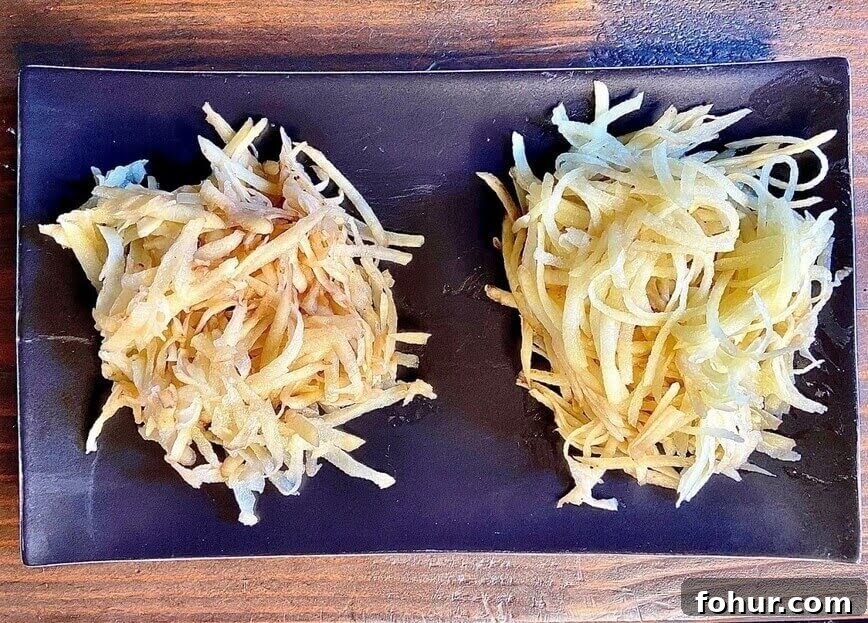 Crispy Buttery Hash Browns: How to Make Them 4 Potatoes shredded from cheese grater (left) and food processor (right).