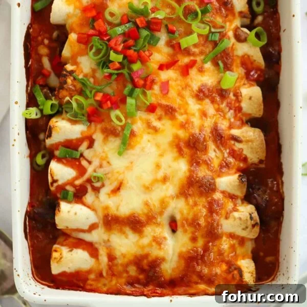 15-Minute Halloumi Fajitas with Peppers and Onions 11 A close up of Beef Enchiladas, straight out of the oven with melted cheese on top.