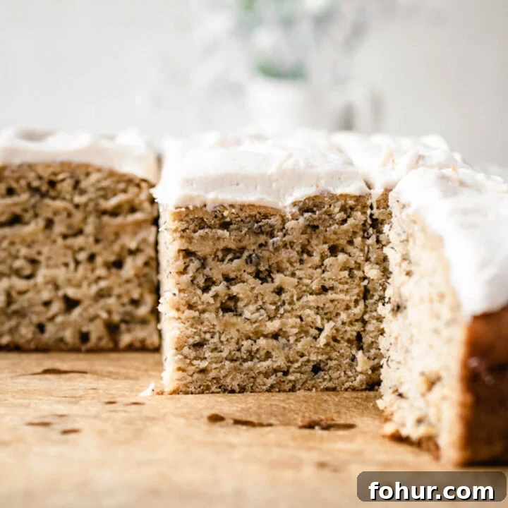 Perfect banana snack cake with a thick layer of frosting.