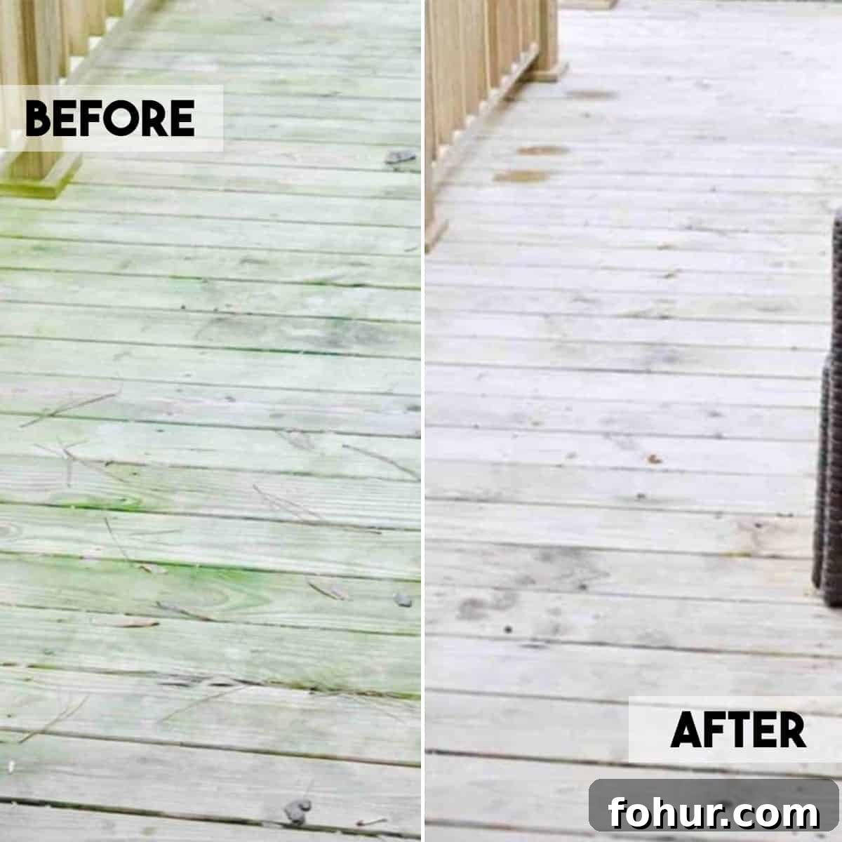 How to Remove Green Algae Stains from a Wood Deck 2 before and after of cleaning green stains on wood deck.