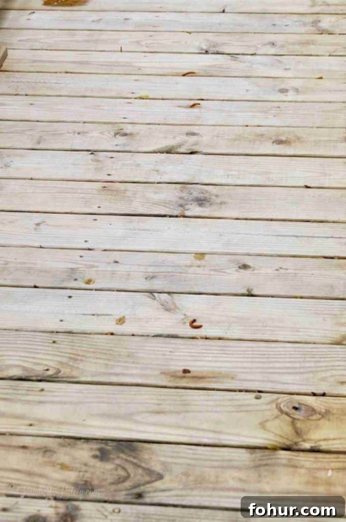 How to Remove Green Algae Stains from a Wood Deck 11 Clean wooden deck with green stains and weathered planks.