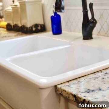 Clean white porcelain sink with black faucet and blue soap dispenser.