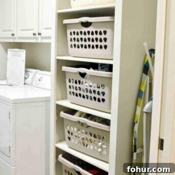 stackable laundry basket cabinet in a laundry room.