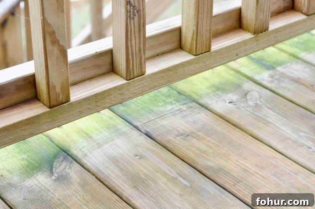 How to Remove Green Algae Stains from a Wood Deck 6 Wood deck with green algae and moss stains from outdoor moisture.