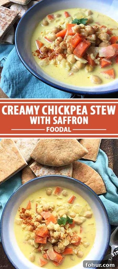 Creamy Saffron Chickpea Stew Recipe 11 Creamy vegetarian chickpea saffron stew pin image