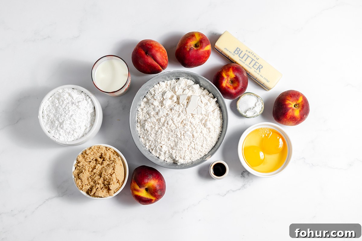 Moist Homemade Peach Bread Recipe with Cinnamon Glaze 4 All ingredients to make peach bread set out on counter.