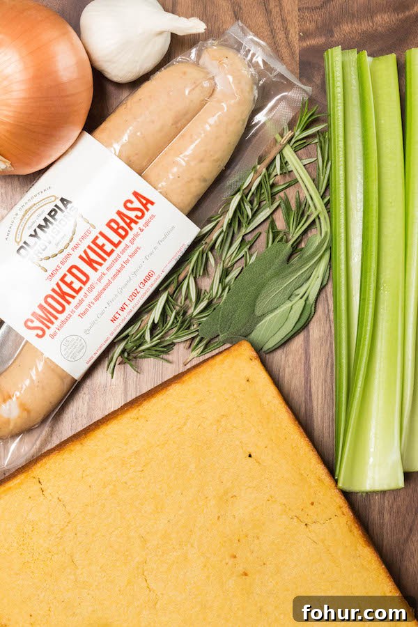 The ingredients for cornbread & sausage stuffing on a cutting board