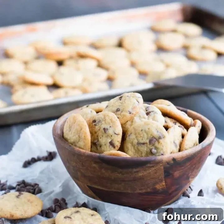 One Bite Mini Chocolate Chip Cookies have slightly crispy edges and soft, chewy centers. One batch makes a bunch of teeny, tiny cookies, chock full of chocolate chips.