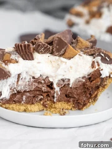 chocolate peanut butter cup pudding pie on a white plate.