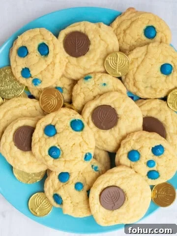 hanukkah cookies with chocolate gelt and m&ms.