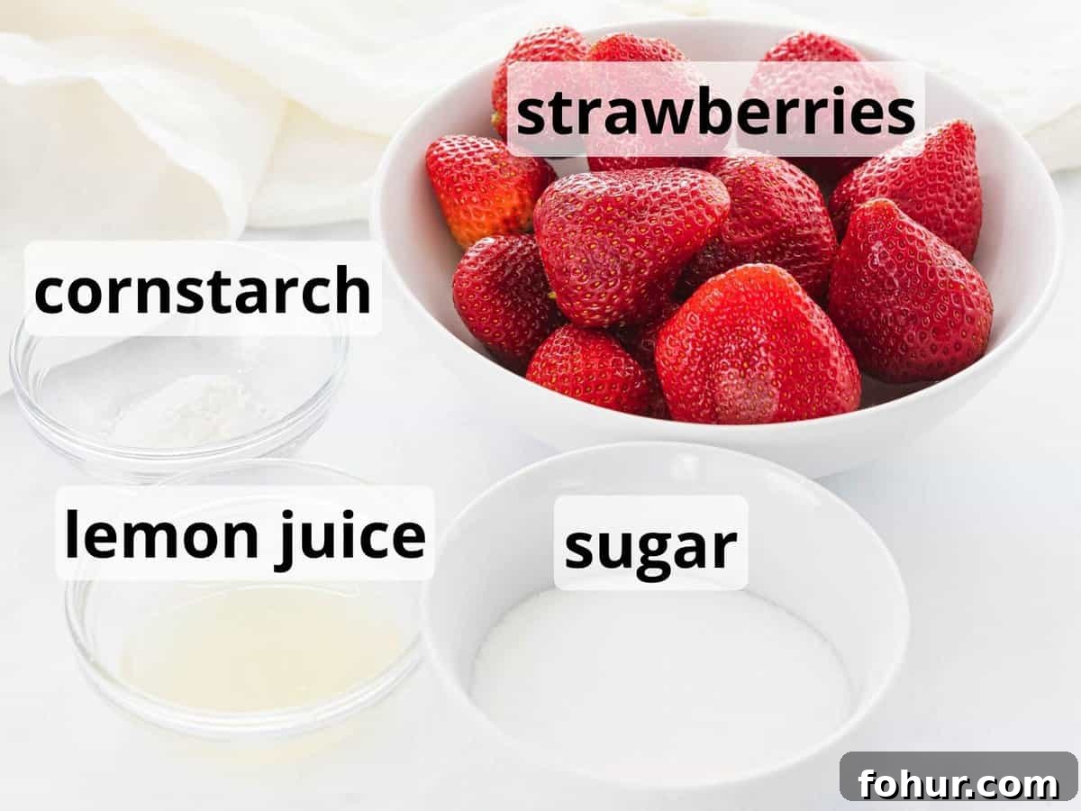 Ingredients for strawberry sauce with text.