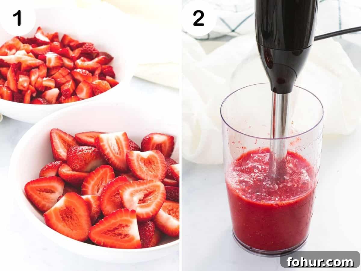 Strawberries cut into small pieces and blended with an immersion blender.