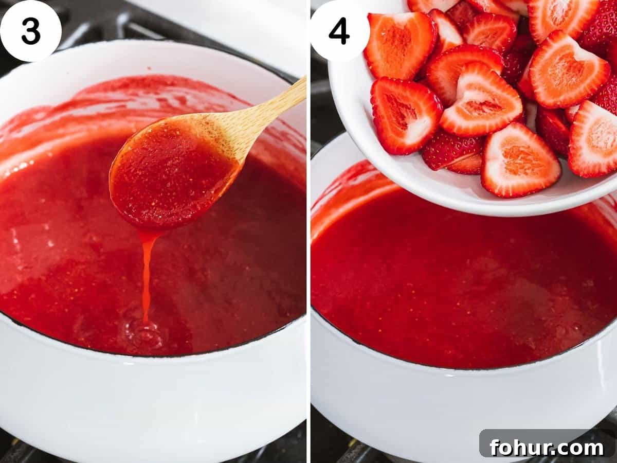 Strawberry halves added to cooked strawberry puree.