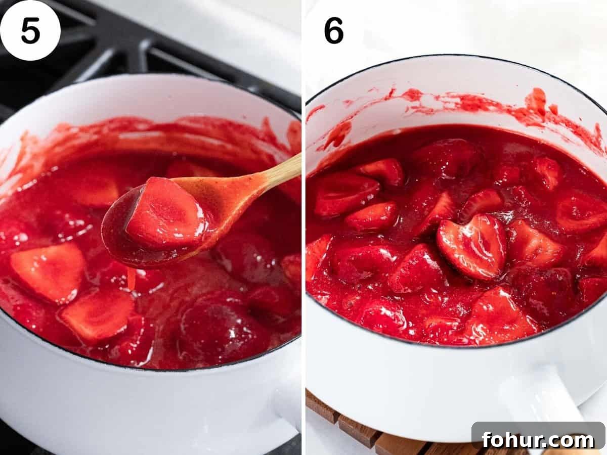 Strawberry pieces added to strawberry puree and cooked in a pot.