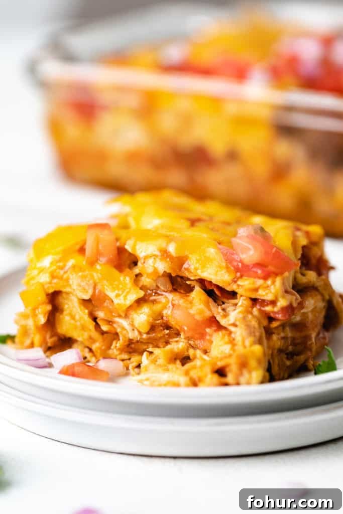Cheesy Chicken Enchilada Casserole Recipe 3 Cheesy chicken tortilla bake on gray plates.