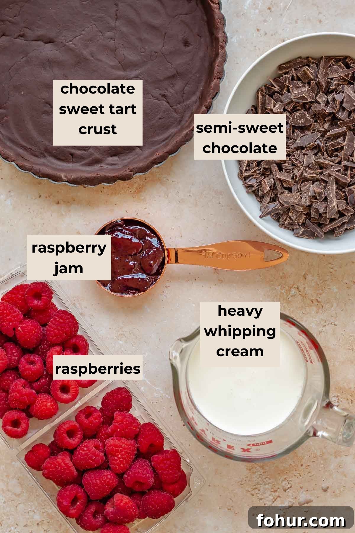 From Scratch Chocolate Raspberry Tart Recipe 3 Ingredients for chocolate raspberry tart.