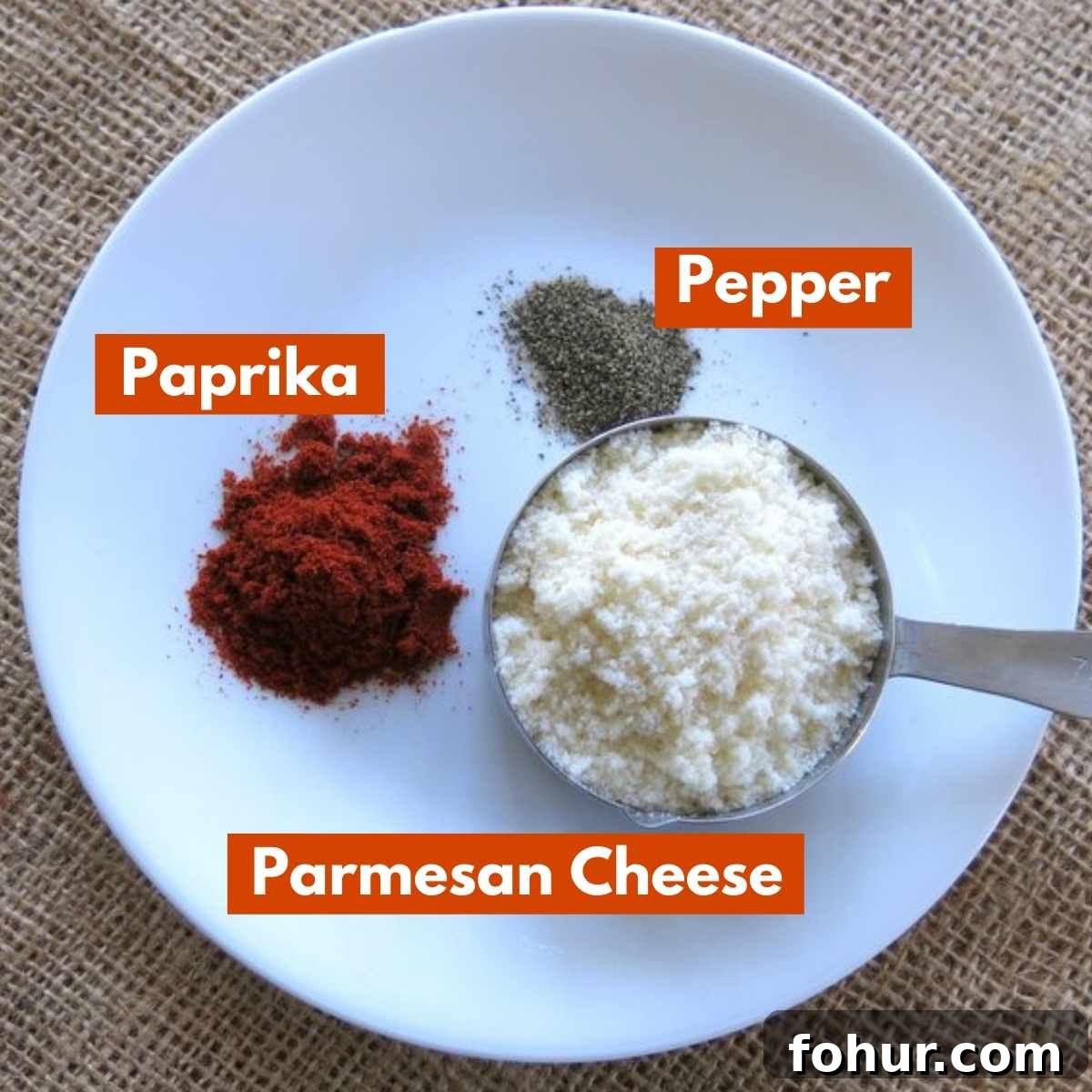 Crispy 5-Ingredient Parmesan Cauliflower Bites Recipe 4 Ingredient graphic for breading with Parmesan cheese, paprika and pepper labeled.