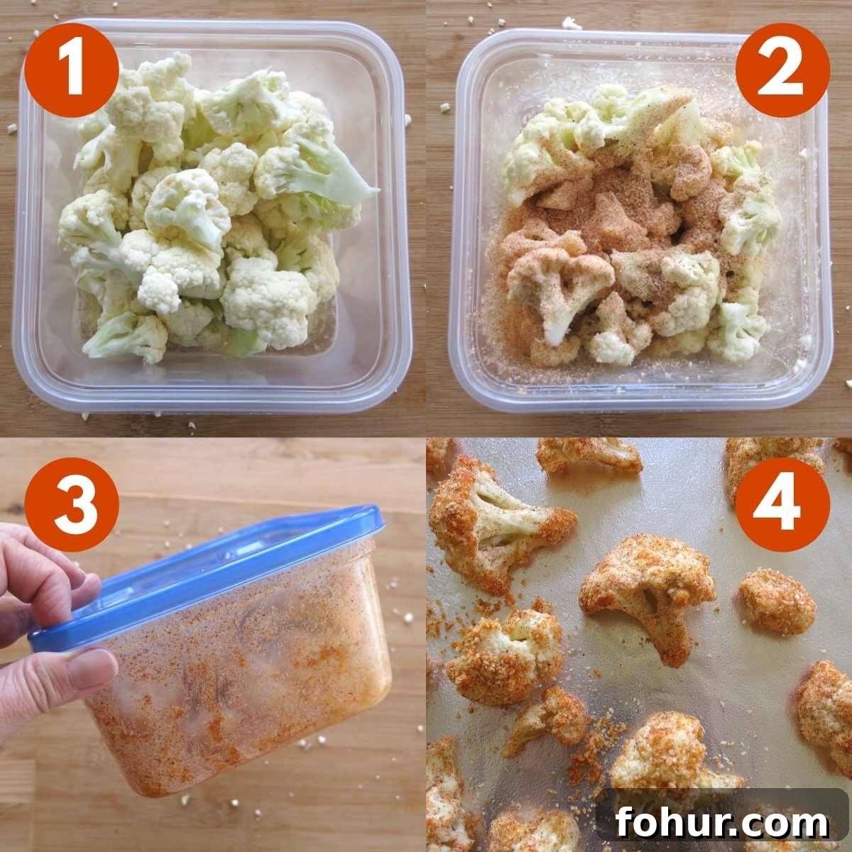 Crispy 5-Ingredient Parmesan Cauliflower Bites Recipe 5 Breading Technique for cauliflower graphic with 4 steps labeled.