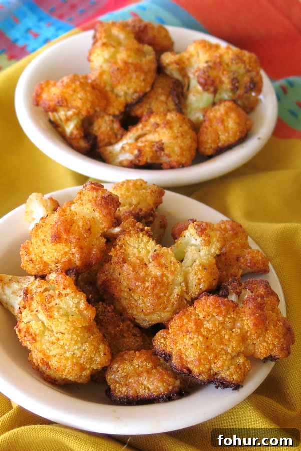 Crispy 5-Ingredient Parmesan Cauliflower Bites Recipe 6 Crispy Cauliflower Florets in a bowl with another bowl with more behind it.