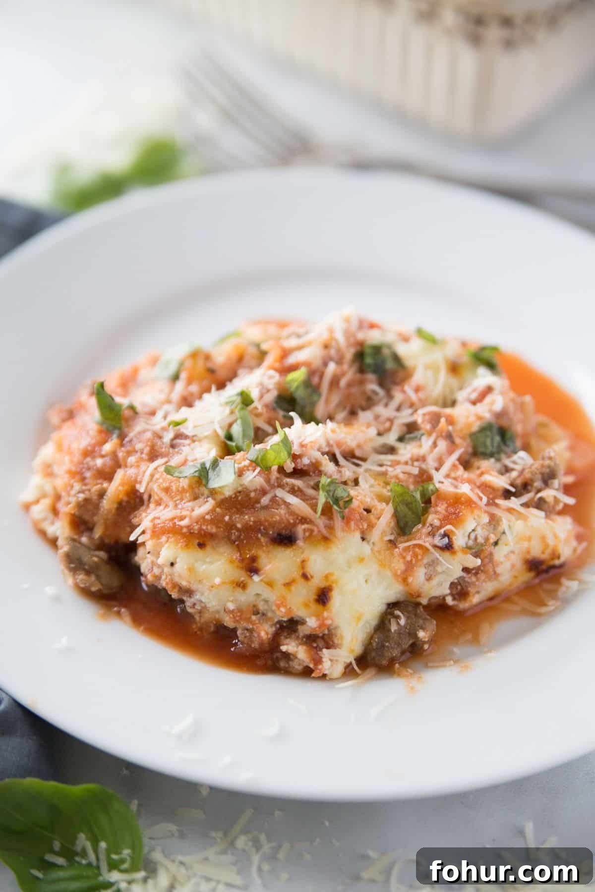 Low-Carb Spaghetti Squash Lasagna Recipe 11 Spaghetti squash lasagna on a white plate with sauce, ricotta cheese, and fresh basil.
