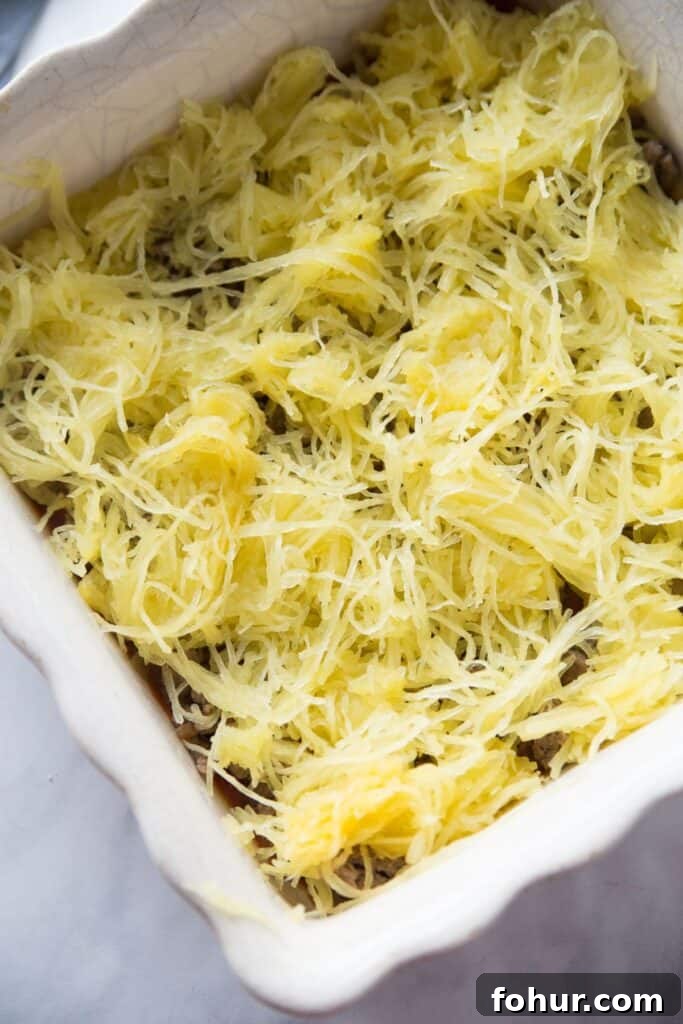 Low-Carb Spaghetti Squash Lasagna Recipe 8 Baking dish layered with spaghetti squash, sauce, cheese, and meat.