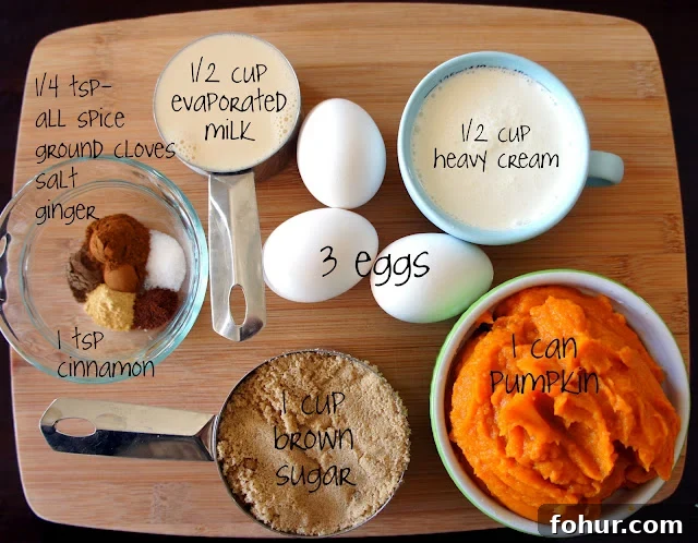 A display of measured ingredients needed to make the perfect pumpkin pie