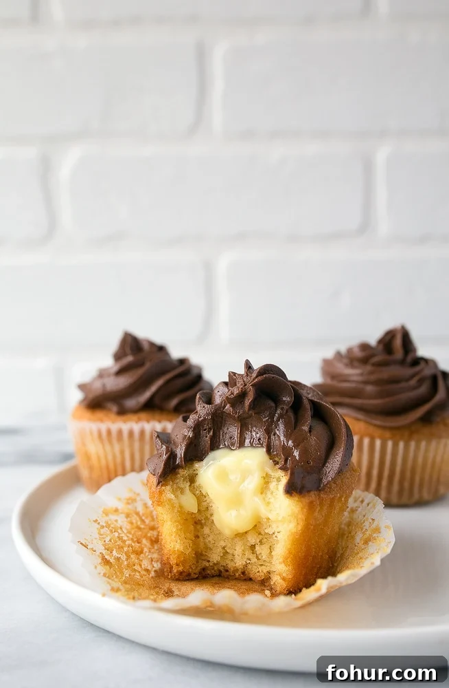 Boston Cream Cupcakes with Vanilla Custard and Chocolate Glaze 2 Boston Cream Pie Cupcakes Small Batch Recipe