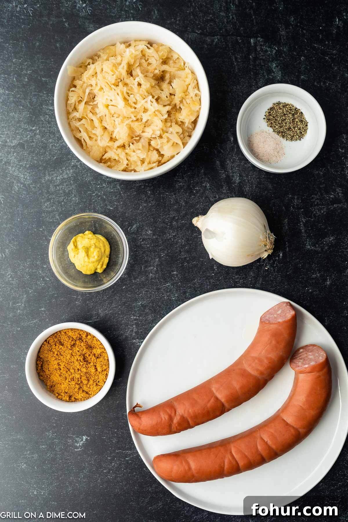 Classic Polish Kielbasa and Sauerkraut Recipe 3 Ingredients - oil, kielbasa sausage, onion, sauerkraut, brown mustard, brown sugar, pepper, salt