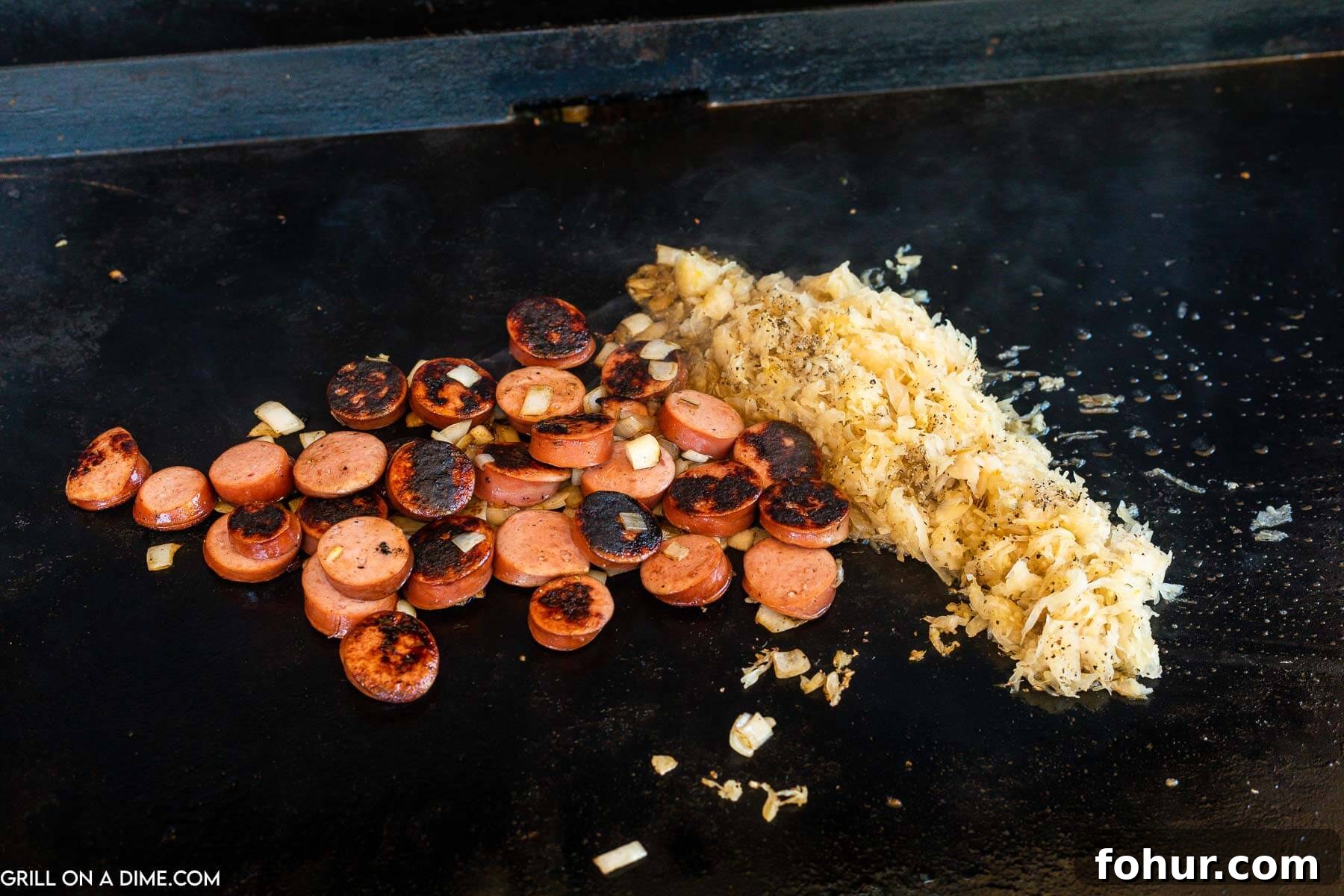 Classic Polish Kielbasa and Sauerkraut Recipe 4 Sausage and Kielbasa cooking on the griddle