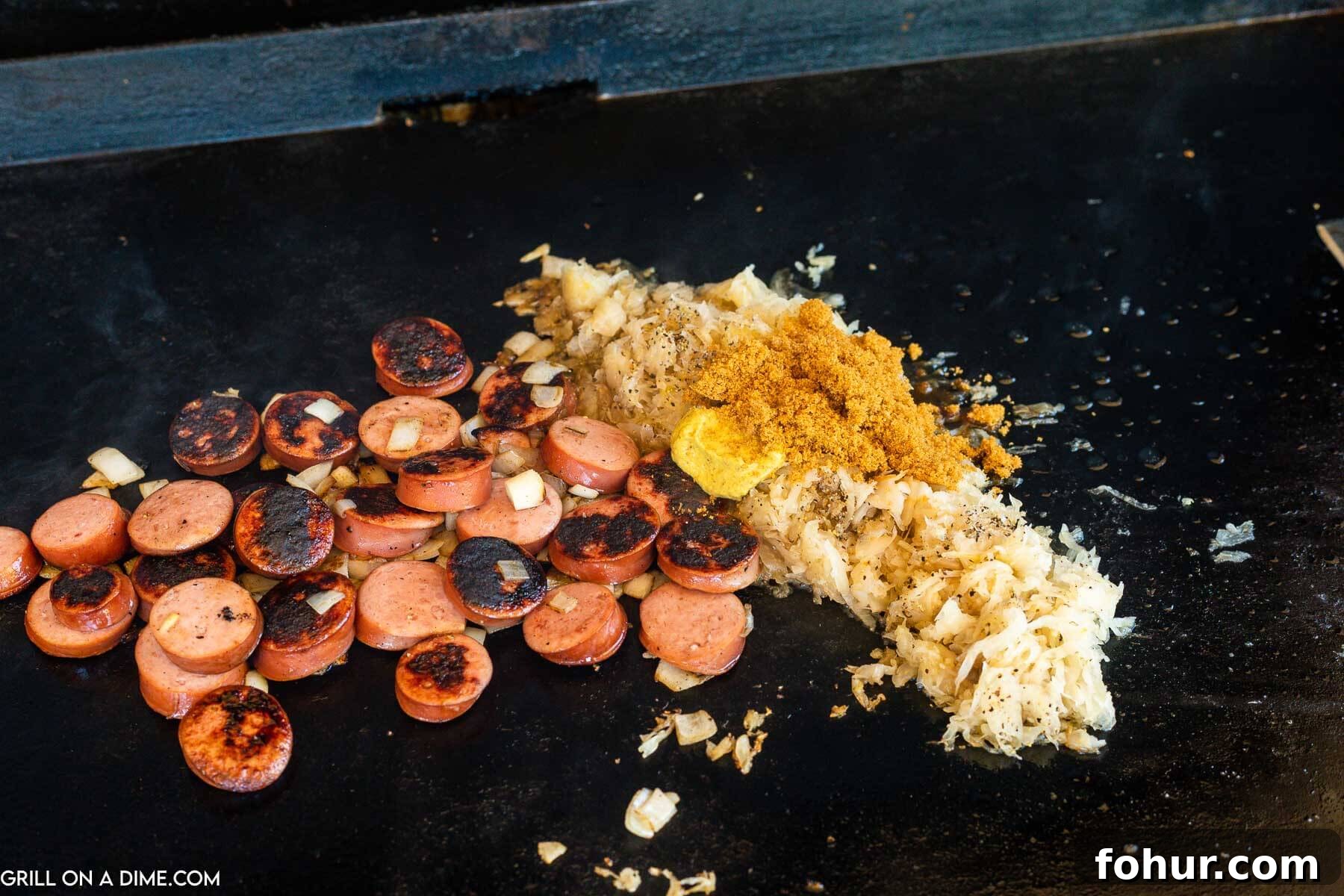 Classic Polish Kielbasa and Sauerkraut Recipe 5 Sausage and Kielbasa cooking on the griddle