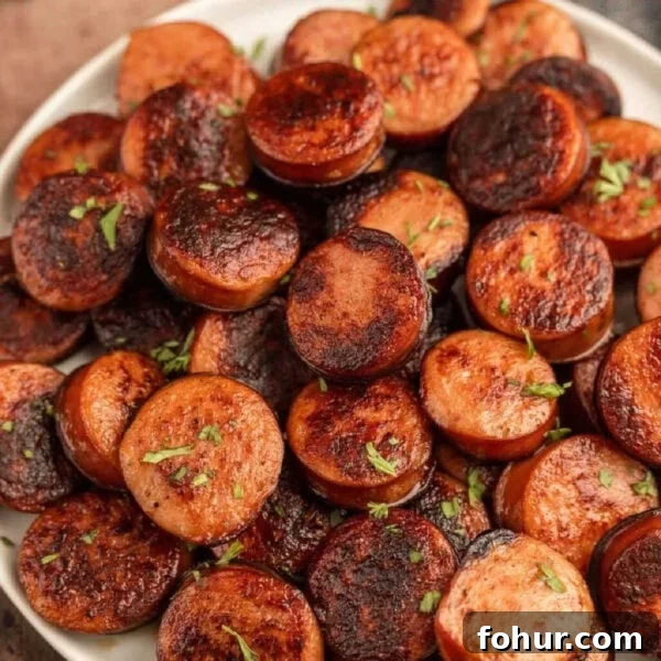 A plate of cooked sausages with herbs on top.