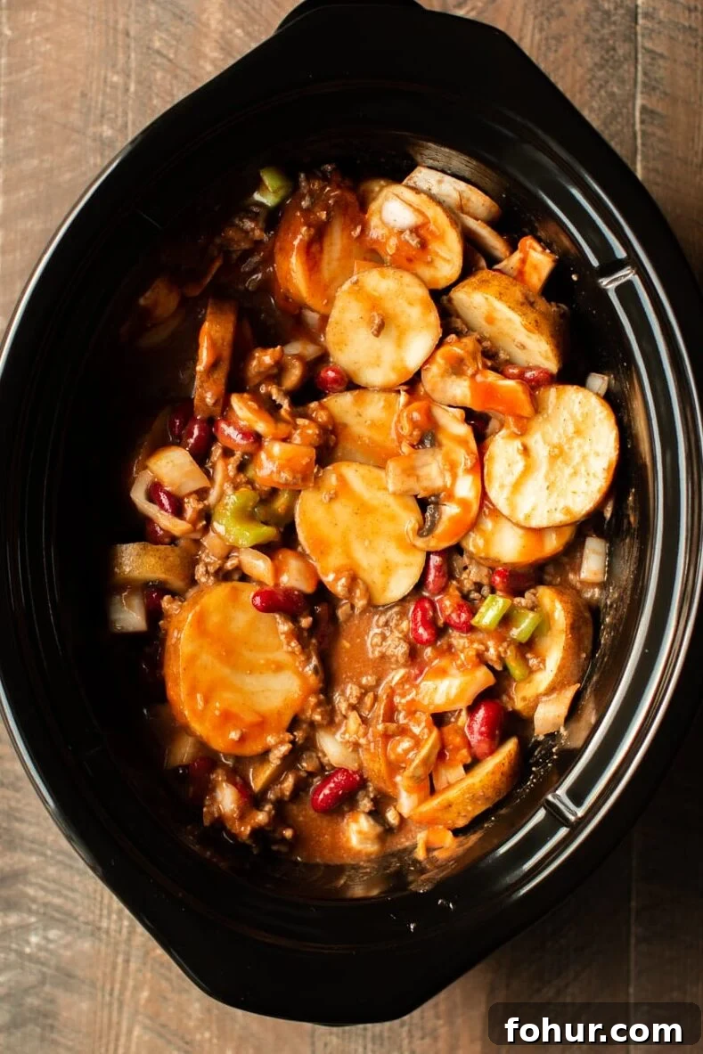 Shipwreck Stew Recipe: Rustic Seafood and Root Vegetable Soup 3 uncooked soup with potatoes, beef, celery and beans in a slow cooker.