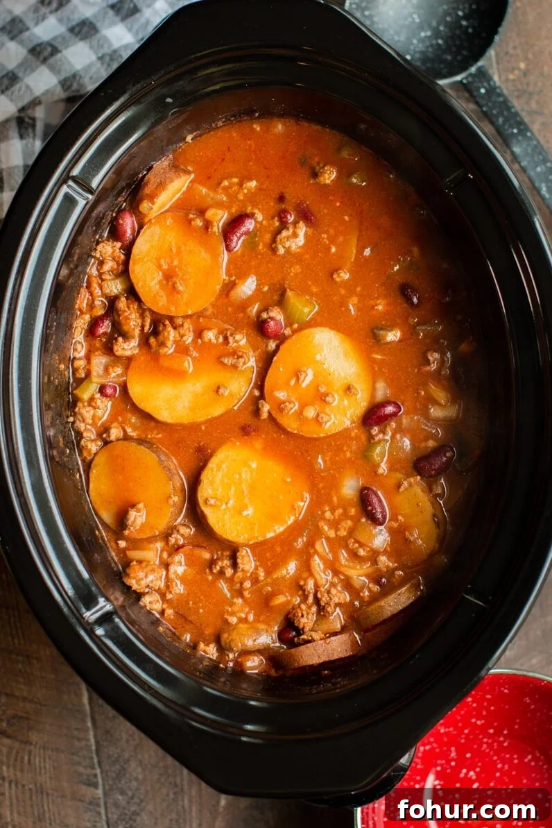 Shipwreck Stew Recipe: Rustic Seafood and Root Vegetable Soup 4 tomato based soup with sliced potatoes, kidney beans and ground beef in a slow cooker.