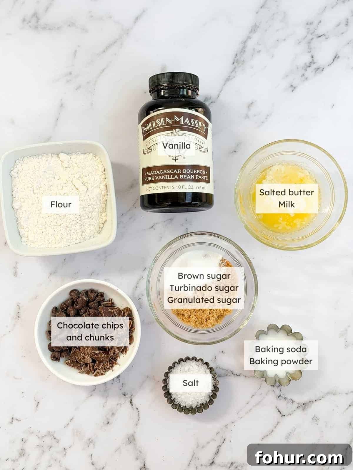 All of the ingredients needed to make single serve chocolate chip cookie.