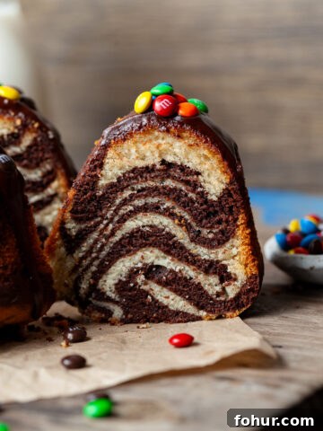 a slice of zebrakuchen showing the vanilla and chocolate cake layers. topped with chocolate ganache and mini m&ms