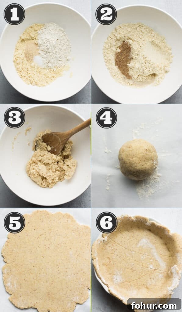 Flaky Vegan Gluten-Free Oil-Free Pie Crust Recipe 3 collage of how to make pie crust with numbers
